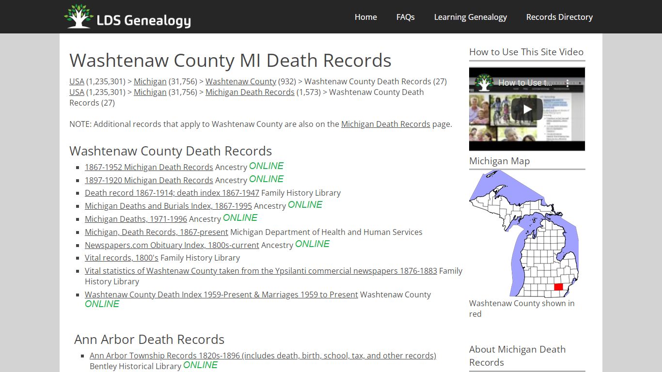 Washtenaw County MI Death Records - LDS Genealogy