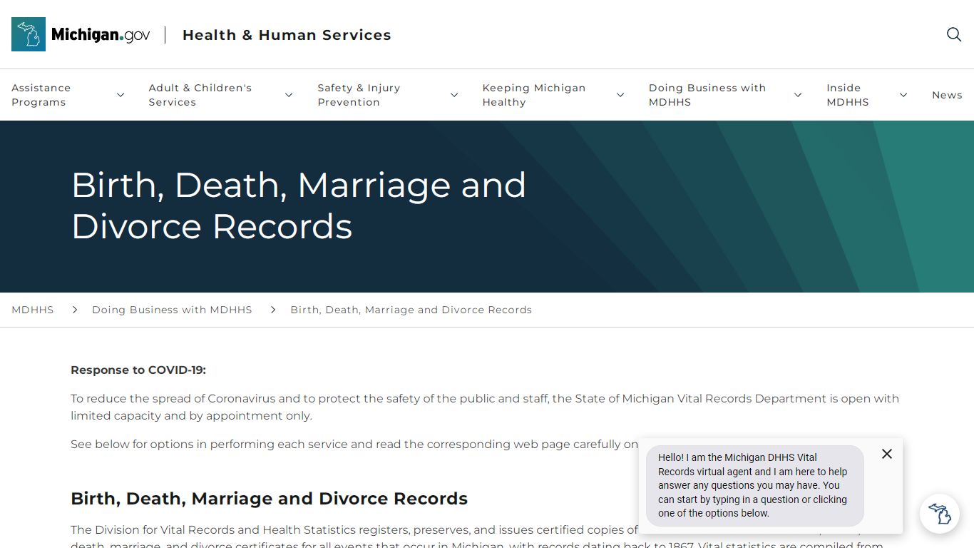 MDHHS - Birth, Death, Marriage and Divorce Records